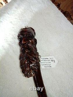 Antique Carved Hazel Walking Stick. French Pioneers Head. Silver Half Soveregn