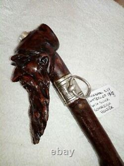Antique Carved Hazel Walking Stick. French Pioneers Head. Silver Half Soveregn