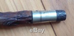 Antique Carved Horn Handle Walking Stick Cane Solid Silver Collar Band Wood 35+