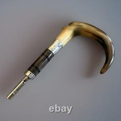 Antique Carved Horn, Sterling & Rosewood Walking Stick/Cane Handle