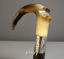 Antique Carved Horn, Sterling & Rosewood Walking Stick/Cane Handle