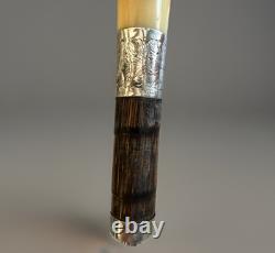 Antique Carved Horn, Sterling & Rosewood Walking Stick/Cane Handle