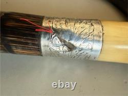 Antique Carved Horn, Sterling & Rosewood Walking Stick/Cane Handle