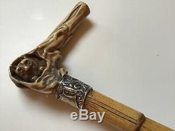 Antique Carved Owl with Silver Walking Cane/Stick