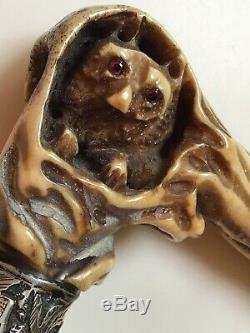 Antique Carved Owl with Silver Walking Cane/Stick