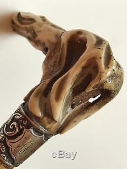 Antique Carved Owl with Silver Walking Cane/Stick