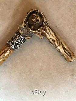 Antique Carved Owl with Silver Walking Cane/Stick