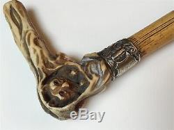 Antique Carved Owl with Silver Walking Cane/Stick