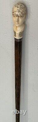 Antique Carved Phrenology Head Walking Stick c1850