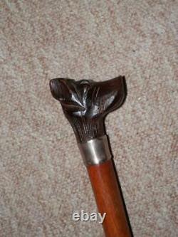 Antique Carved Terrier Dogs Head Walking Stick With Nickel Silver Collar 90cm