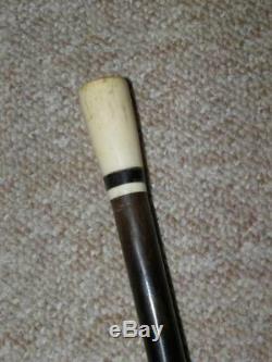 Antique Carved Topped Ebony Walking Stick/Cane With Silver Threepence Coin