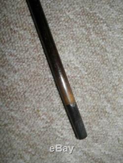 Antique Carved Topped Ebony Walking Stick/Cane With Silver Threepence Coin