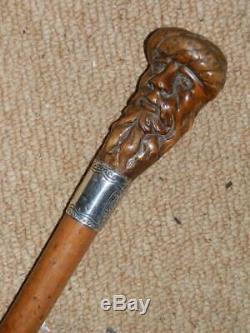 Antique Carved Treen Italian Venetian Head Walking Stick With H/M Silver 1912