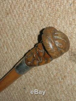 Antique Carved Treen Italian Venetian Head Walking Stick With H/M Silver 1912