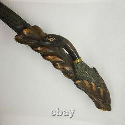 Antique Carved Treen Wood Parasol/Cane Handle of Duck/Bird Original Glass Eyes