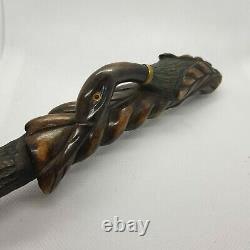 Antique Carved Treen Wood Parasol/Cane Handle of Duck/Bird Original Glass Eyes