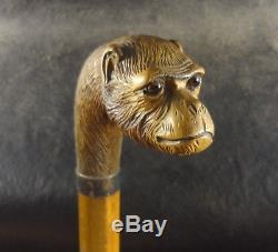 Antique Carved Walking Cane Stick Monkey Head British English J. Howell Silver