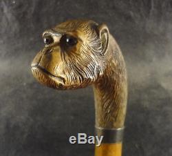 Antique Carved Walking Cane Stick Monkey Head British English J. Howell Silver