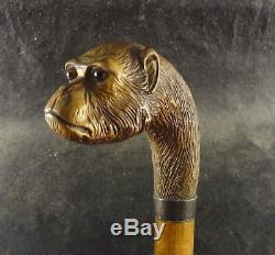 Antique Carved Walking Cane Stick Monkey Head British English J. Howell Silver