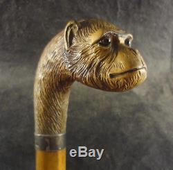 Antique Carved Walking Cane Stick Monkey Head British English J. Howell Silver