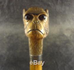 Antique Carved Walking Cane Stick Monkey Head British English J. Howell Silver