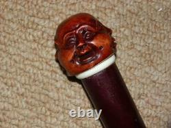 Antique Carved Wood Buddha 4, Faces Walking Stick 37