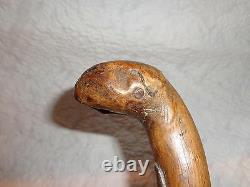 Antique Carved Wood Folk Art Snake Head Walking Stick, Cane, Primitive