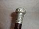 Antique Carved Wood Silver Plate Topper Walking Stick, Cane
