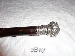 Antique Carved Wood Silver Plate Topper Walking Stick, Cane