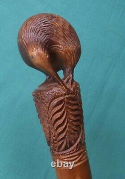 Antique Carved Wood Walking Stick New Zealand Kiwi & Tree Fern Design