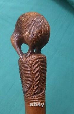 Antique Carved Wood Walking Stick New Zealand Kiwi & Tree Fern Design