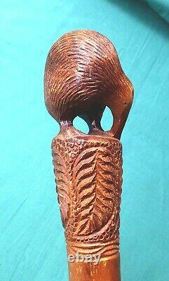 Antique Carved Wood Walking Stick New Zealand Kiwi & Tree Fern Design