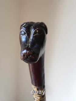 Antique Carved Wooden Dog Head & Shark Vertebrae Walking Stick / Cane
