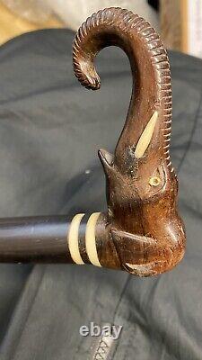 Antique Carved Wooden Elephants Head Walking Cane