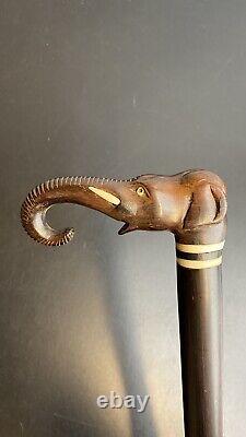Antique Carved Wooden Elephants Head Walking Cane