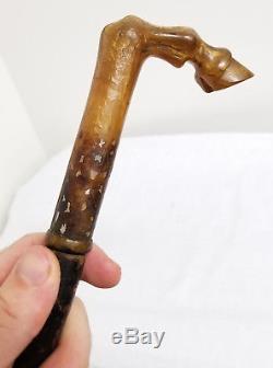 Antique Chinese Carved Cane Handle Walking Stick Abalone Mother of Pearl