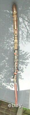 Antique Chinese Carved Wood Walking Stick Elder Monk Script Early 1900's