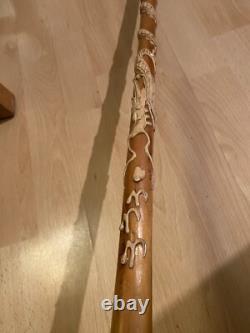 Antique Chinese Dragon Chasing Flaming Pearl Relief Hand Carved Walking Stick