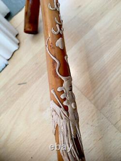 Antique Chinese Dragon Chasing Flaming Pearl Relief Hand Carved Walking Stick