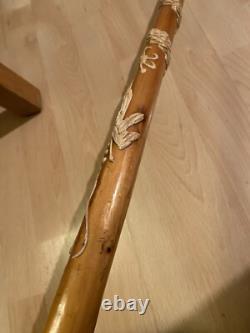 Antique Chinese Dragon Chasing Flaming Pearl Relief Hand Carved Walking Stick