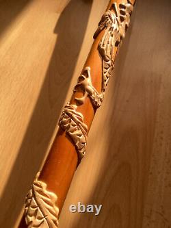 Antique Chinese Dragon Chasing Flaming Pearl Relief Hand Carved Walking Stick