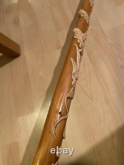 Antique Chinese Dragon Chasing Flaming Pearl Relief Hand Carved Walking Stick