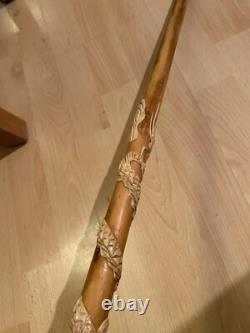 Antique Chinese Dragon Chasing Flaming Pearl Relief Hand Carved Walking Stick
