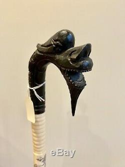 Antique Chinese Scrimshaw Wood Carved Dragon Head Walking Stick Cane Beautiful