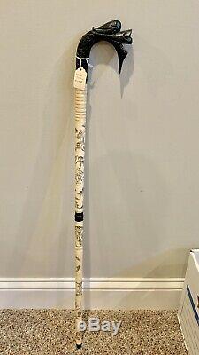 Antique Chinese Scrimshaw Wood Carved Dragon Head Walking Stick Cane Beautiful