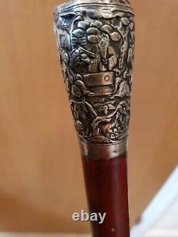Antique Chinese Silver Carved Walking Cane Stick