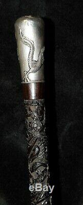 Antique Chinese Silver Dragon Top Carved Hardwood Cane Walking Stick Kwan Wo
