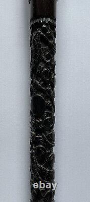 Antique Chinese Silver Dragon Top Carved Hardwood Cane/Walking Stick by Kwan Wo