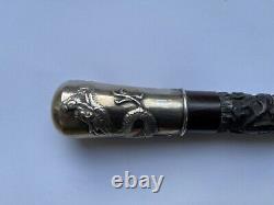 Antique Chinese Silver Dragon Top Carved Hardwood Cane/Walking Stick by Kwan Wo