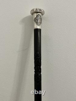 Antique Chinese Sliver Topped Walking Cane Silver Marks KW & Wood Carved Shaft
